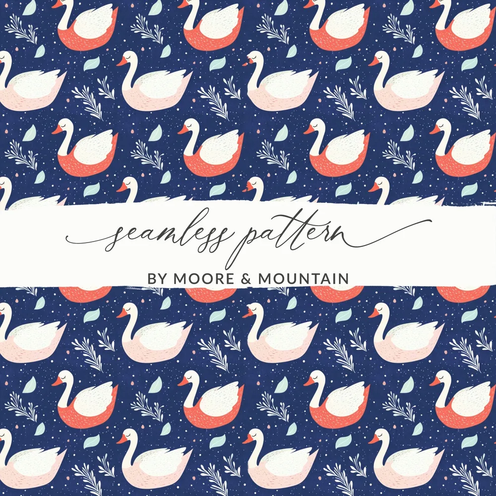 Elegant Swans on Navy Background Patterned Artwork Digital - Moore and Mountain