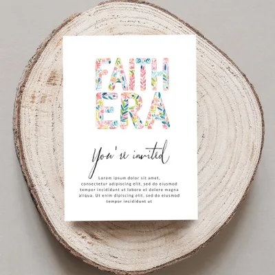 "FAITH ERA" invitation with floral letters, "You're invited" text, and placeholder copy.