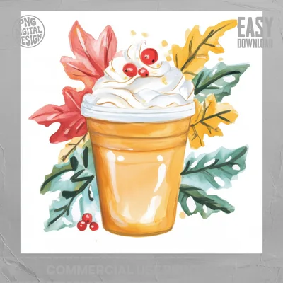 Fall Coffee PNG Digital Download, Watercolor Pumpkin Spice Latte Clipart, Cozy Autumn Iced Coffee Sublimation Design, Thanksgiving Clipart