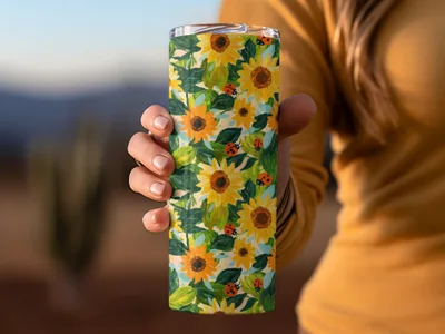 Fall Painted Acrylic Seamless Sunflower and Ladybug Seamless Pattern Bright Floral Design - Moore and Mountain