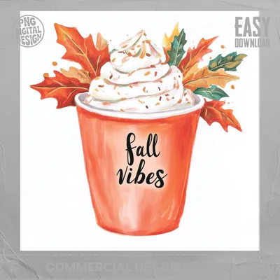 Fall Vibes Coffee PNG Digital Download, Watercolor Pumpkin Spice Latte Clipart, Cozy Autumn Drink Sublimation Design, Fall Aesthetic Art