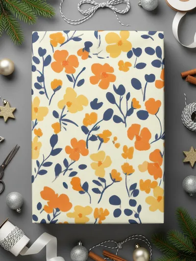 Festive Orange and Blue Floral Design Wrapping Paper