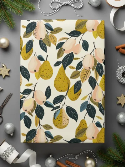 Festive Pears and Leaves Holiday Wrapping Paper