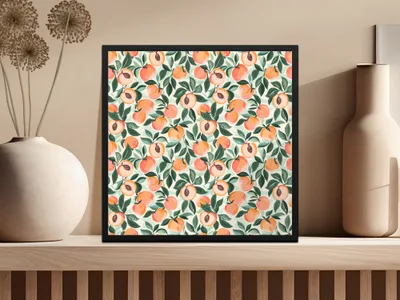 Colorful Peaches Illustration with Green Leaves Product