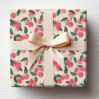 Beautiful Cherry Design Gift Wrap with Elegant Ribbon