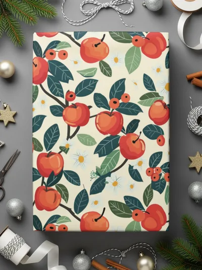 Festive Orange and Green Floral Wrapping Paper Design