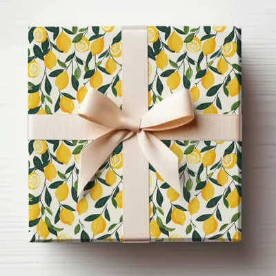 Delightful Lemon Print Pattern with Cream Bow Gift Wrap