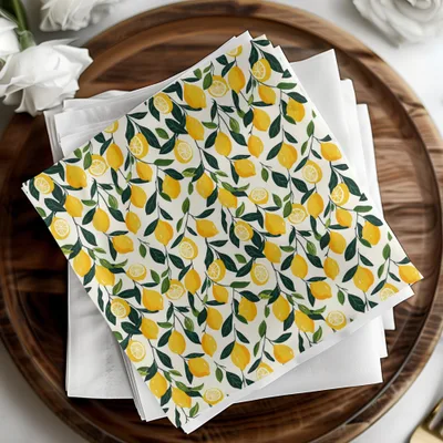 Vibrant Lemons and Leaves Patterned Paper Napkin