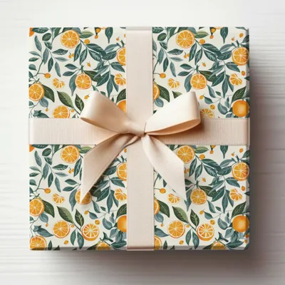 Festive Citrus Fruit Gift Wrap with Ribbon Design