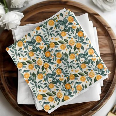 Vibrant Orange and Green Citrus Print on White Napkin