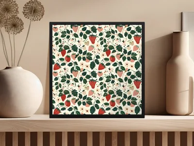 Vibrant Strawberries and Leaves Pattern Wall Art
