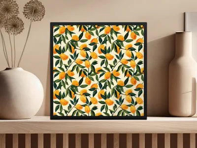Vibrant Orange Fruit and Leaf Pattern Art Print Decor