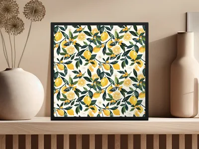 Vibrant Lemon and Leaves Pattern Wall Art Decor Print