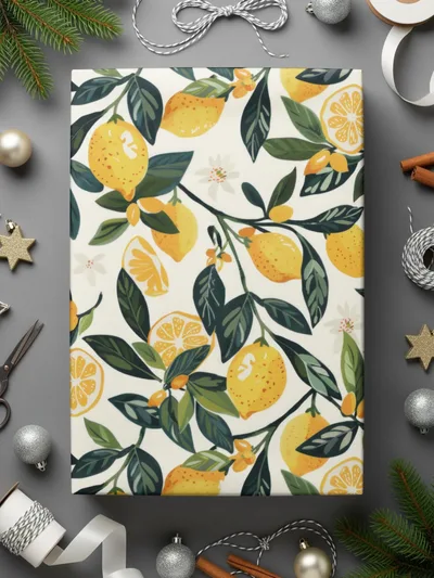 Vibrant Lemons and Leaves Wrapping Paper Holiday Theme