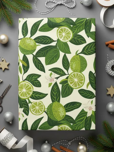 Festive Lime and Leaf Patterned Wrapping Paper