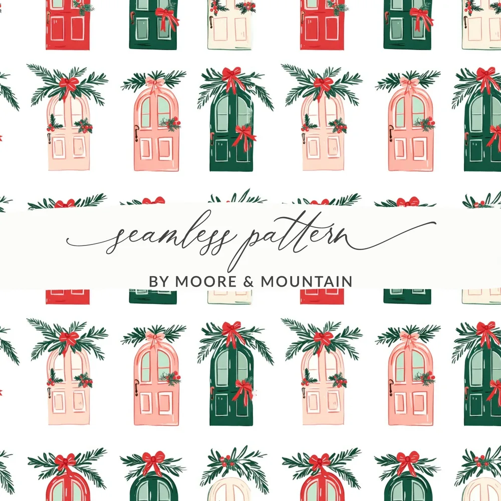 Festive Doors Digital Paper, Christmas Seamless Pattern, Holiday Design Resource, Scrapbooking Paper, Fabric Design, Background Texture - Moore and Mountain