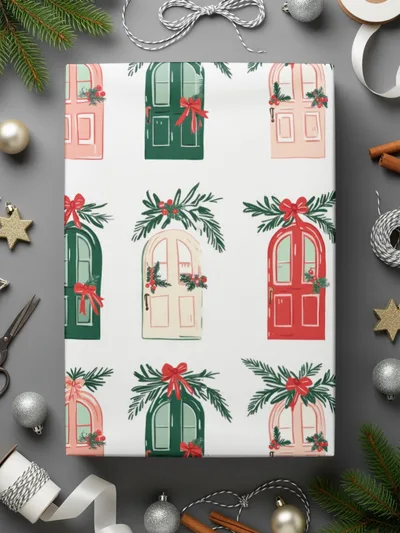 Festive Doors Digital Paper, Christmas Seamless Pattern, Holiday Design Resource, Scrapbooking Paper, Fabric Design, Background Texture - Moore and Mountain