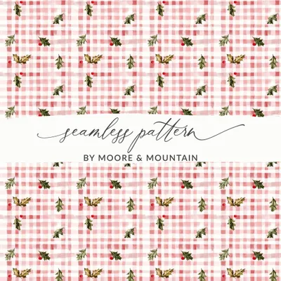 Festive Holly Berries On Plaid Background Great Gift Digital