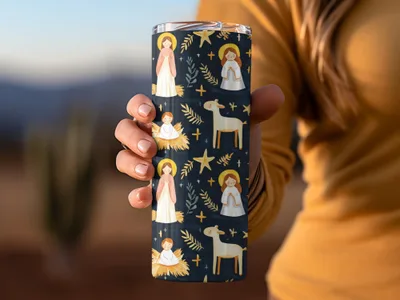 Festive Nativity Seamless Background Angels Stars on Dark Backdrop Digital - Moore and Mountain