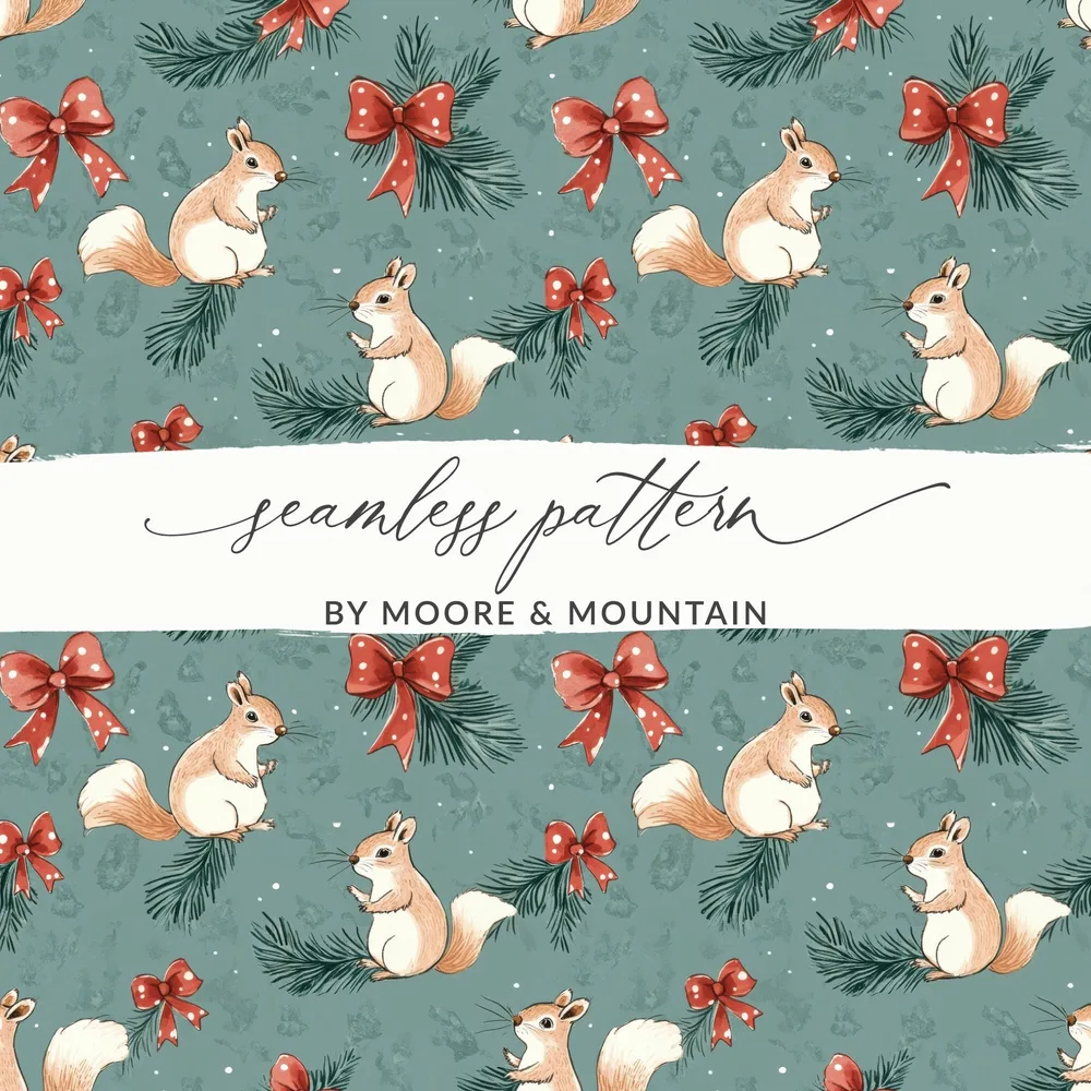 Festive Squirrels On Pine Branches Christmas Pattern Digital - Moore and Mountain