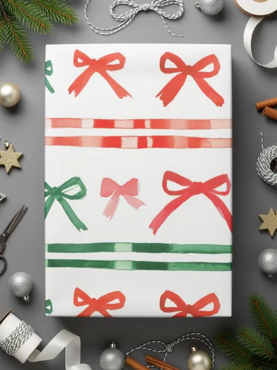 Festive Watercolor Bows and Stripes Pattern Digital - Moore and Mountain