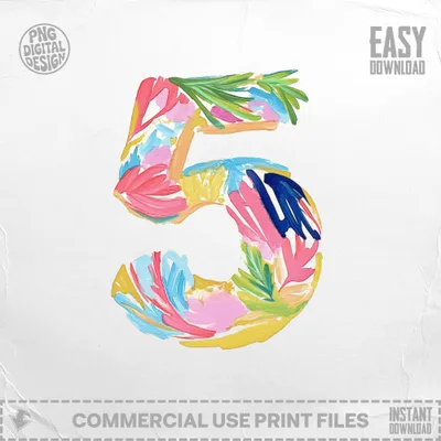 Colorful floral painted number 5 with "easy download" text.