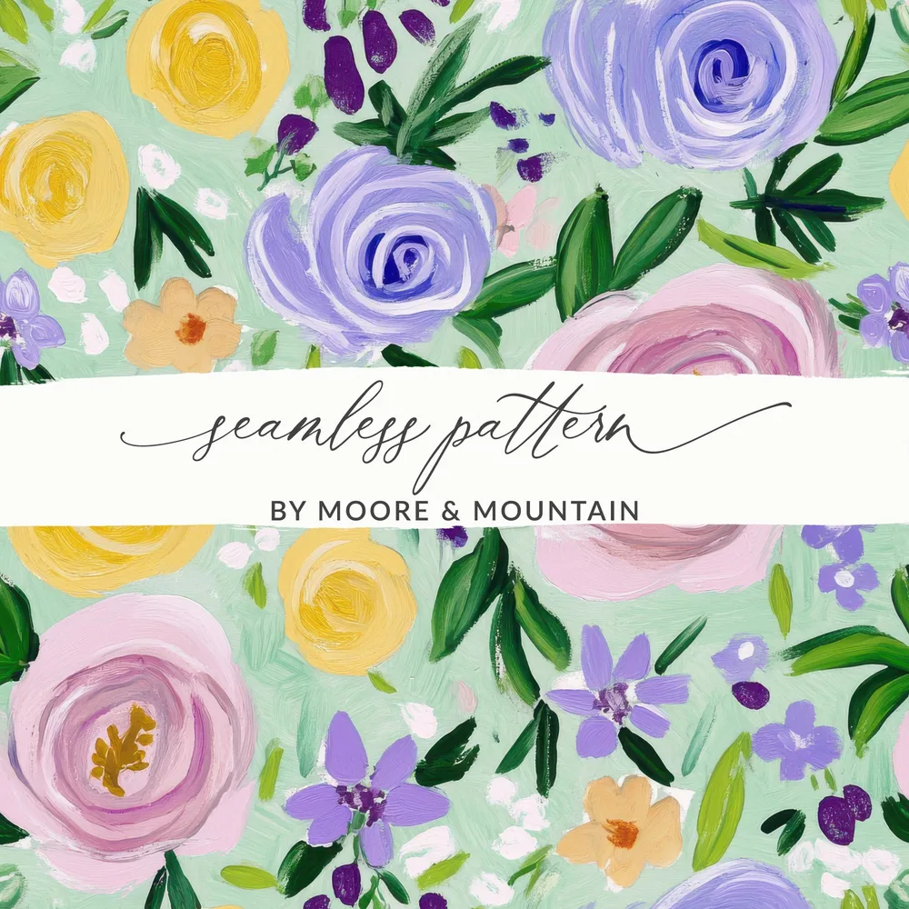 Fine Art Floral Seamless Pattern, Acrylic Floral Print, Pastel Flowers Digital Paper, Mint Green Floral Pattern, Fabric Design - Moore and Mountain