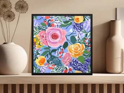 Fine Art Floral Seamless Pattern, Blue Pink Orange, Digital Paper, Gouache Floral Print, Fabric Design, Scrapbooking Paper - Moore and Mountain