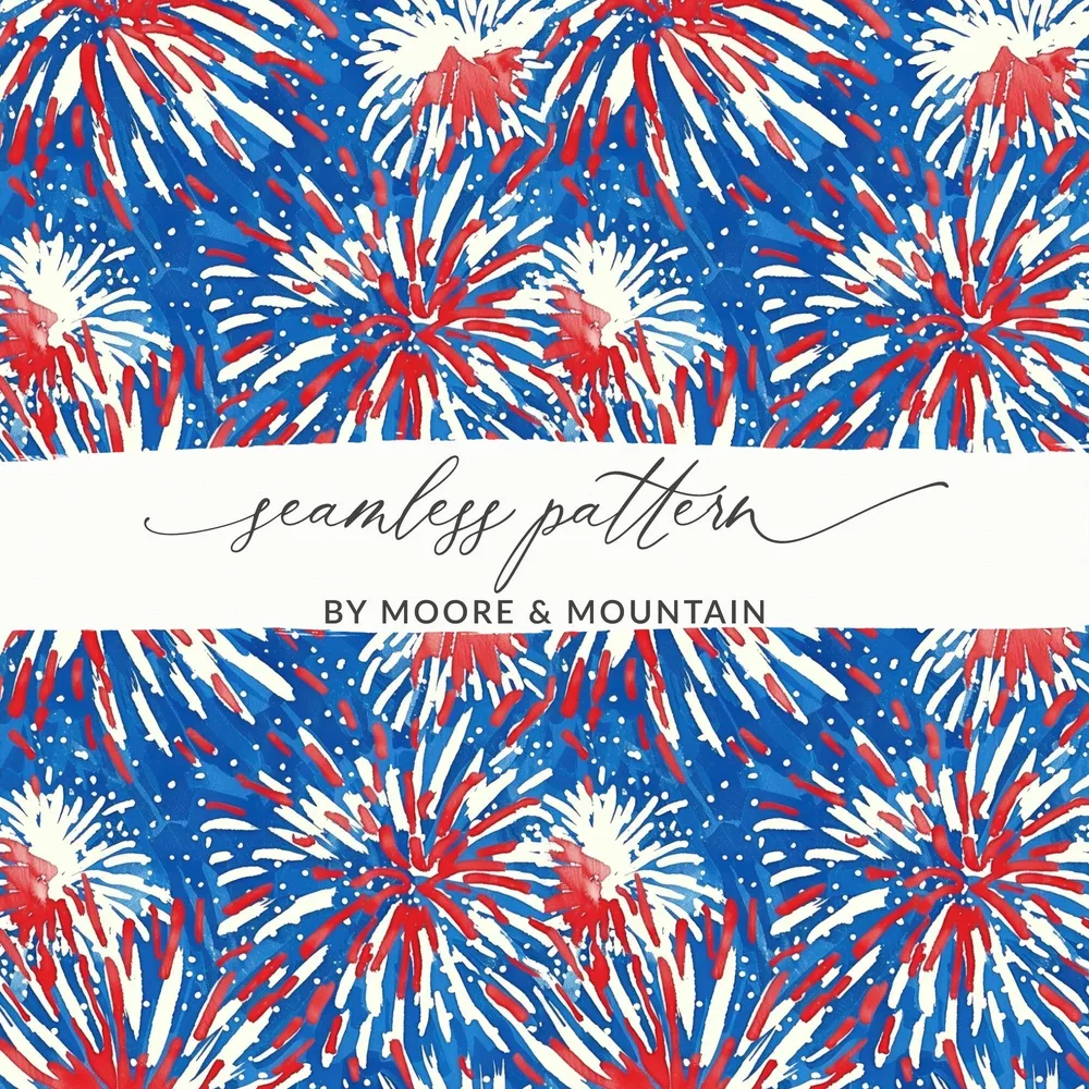 Fireworks Digital Paper, Patriotic Seamless Pattern, 4th of July Digital Download, Fabric Design, Scrapbooking Paper, Red White and Blue - Moore and Mountain