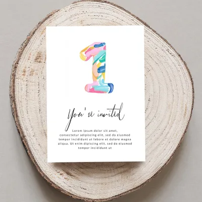 Invitation card with a large, colorful number "1" and "You're invited" text.