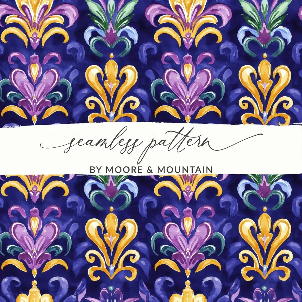 Fleur De Lis Digital Seamless Pattern, Watercolor Repeat, Royal Lily Design, Wallpaper Printable, Purple and Gold Digital, Fabric Design - Moore and Mountain