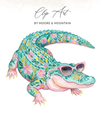 Floral Alligator Digital Download, Whimsical Watercolor Gator with Sunglasses Art Print, Cute Tropical Animal Illustration, Nursery Decor