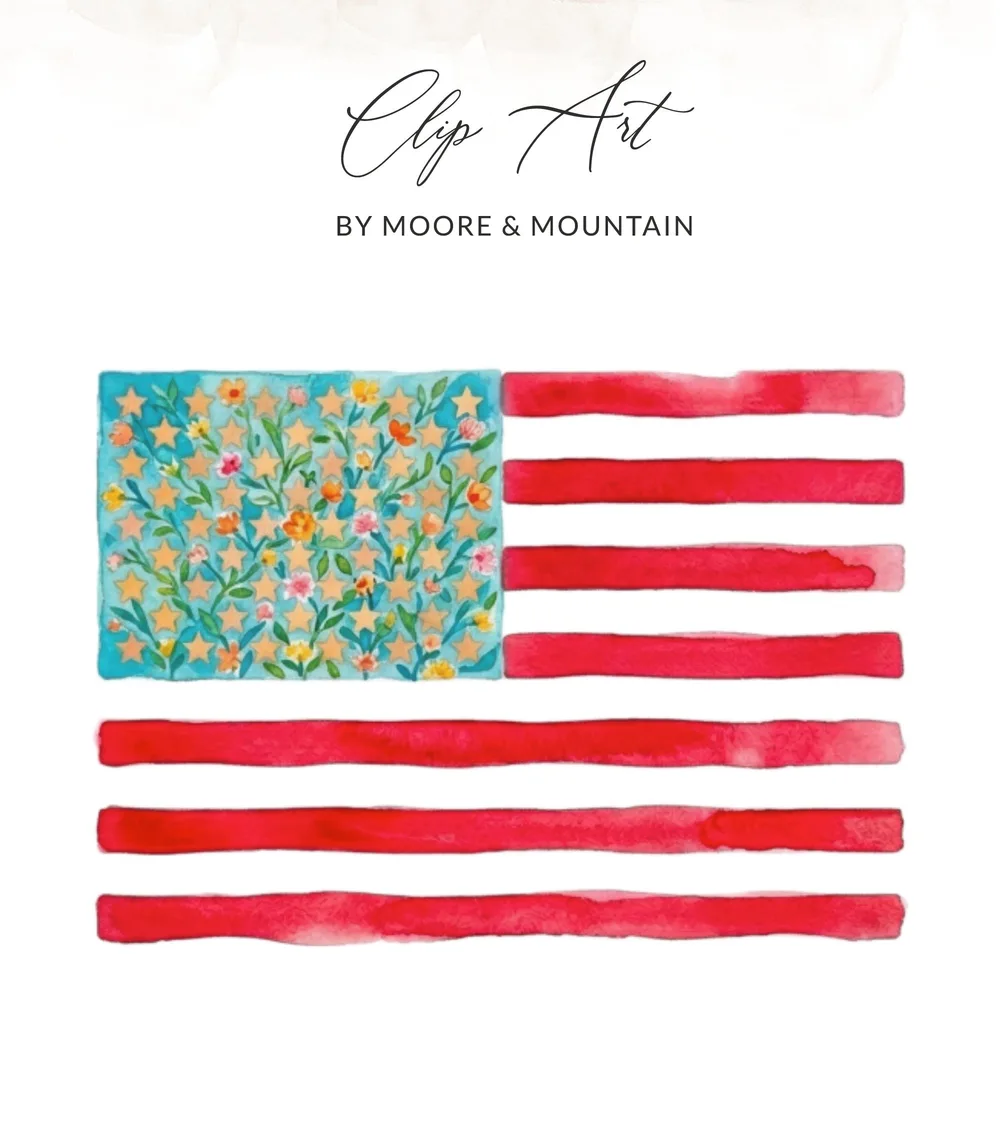 Watercolor American flag with floral stars and stripes, text "Clip Art".