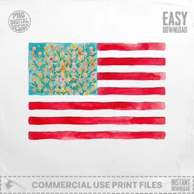 Watercolor American flag with floral stars on blue field.