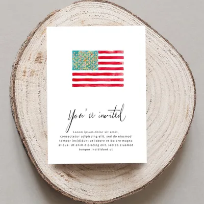 Invitation with American flag design and "You're invited" text.