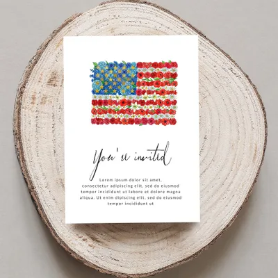 Watercolor American flag made of flowers on an invitation.