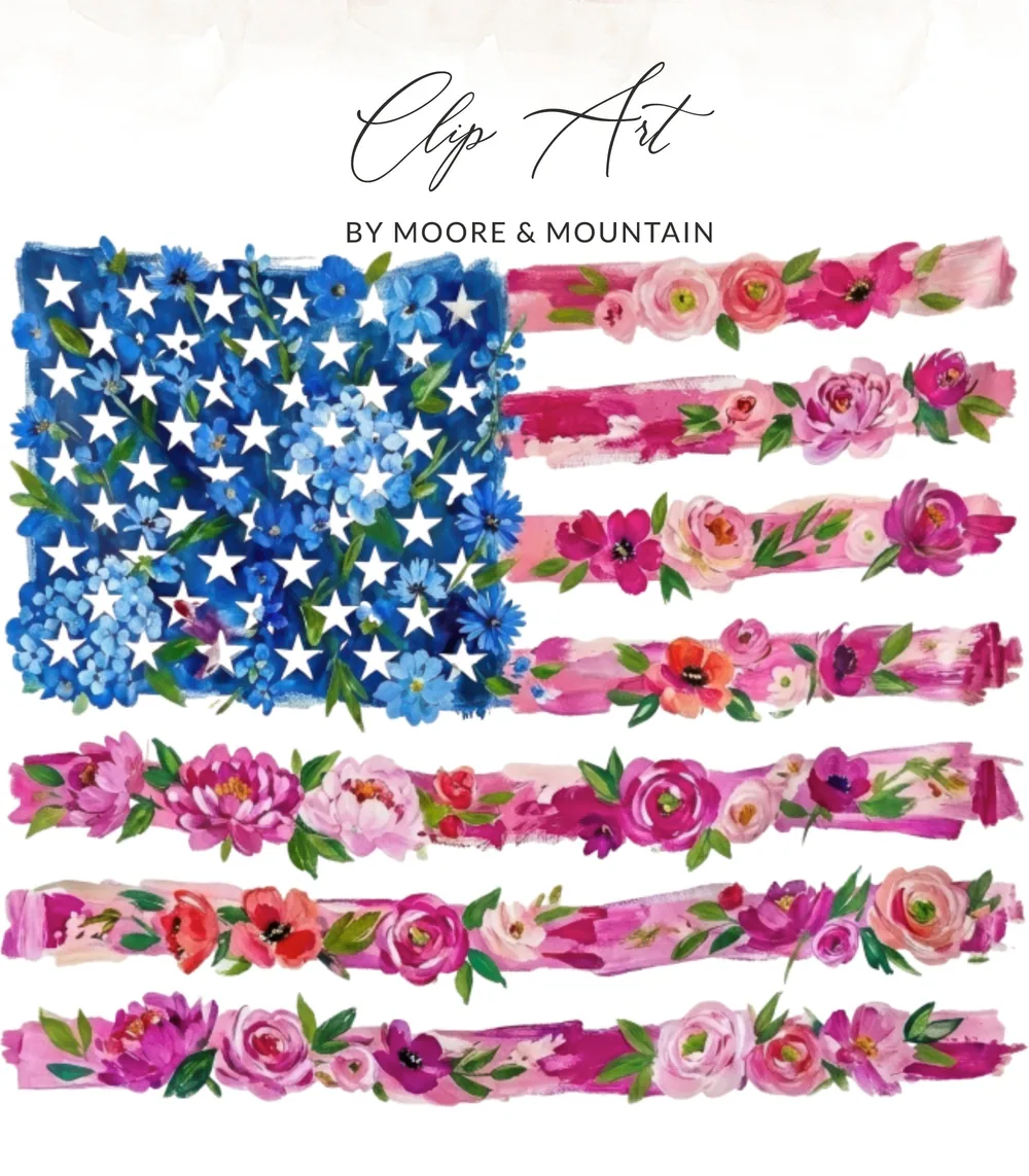 Floral American flag with watercolor flowers and stars.