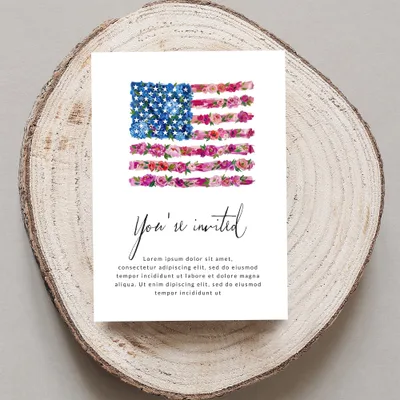 Invitation with American flag made of flowers and "You're invited" text.