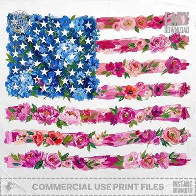 American flag painted with flowers, with "COMMERCIAL USE PRINT FILES" text.