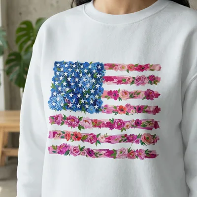 White sweatshirt with a floral American flag design.