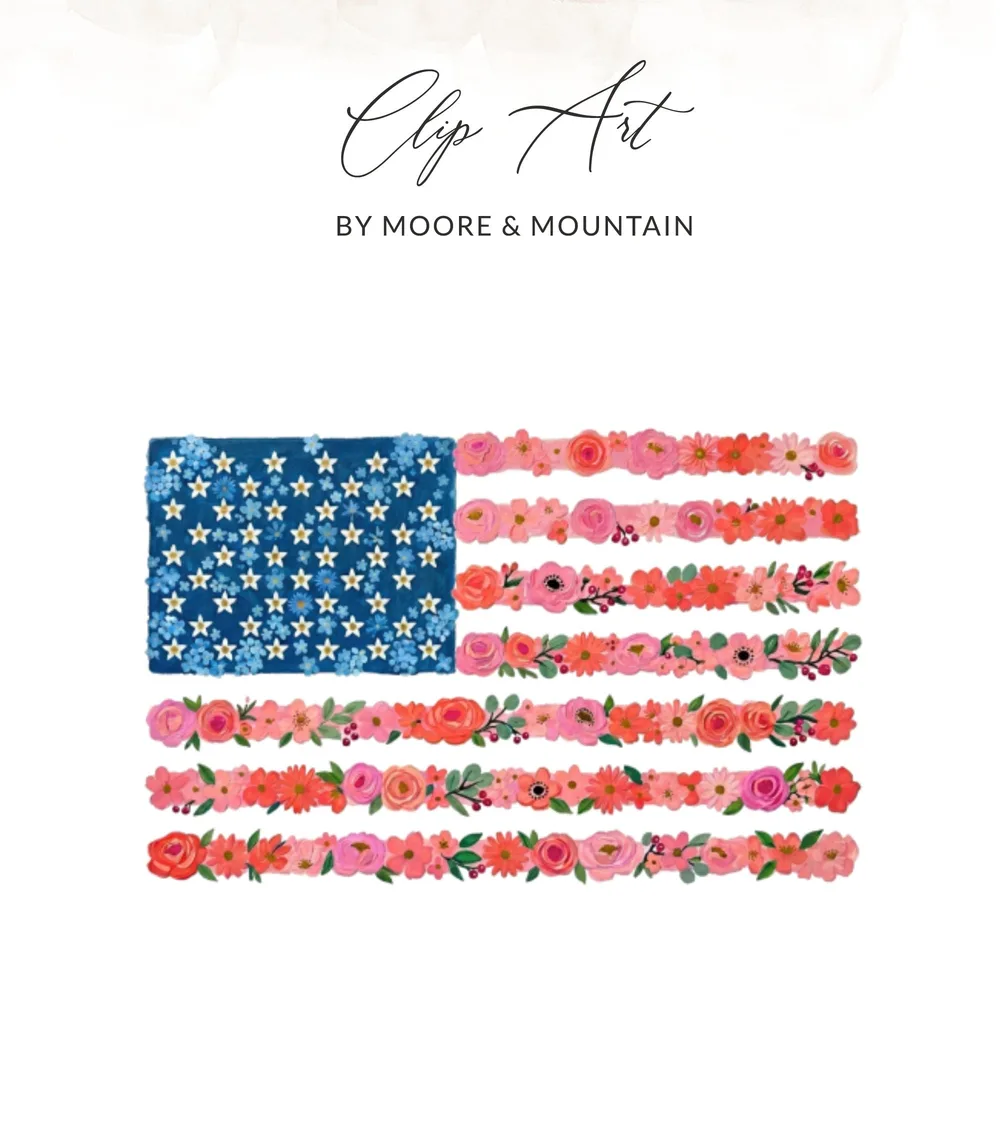Floral American flag with text "Clip Art By Moore & Mountain".