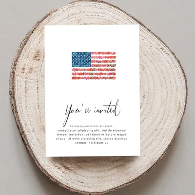 Invitation card with floral American flag and "You're invited" text.