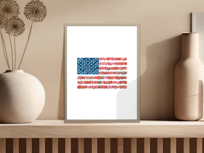 American flag art with floral stripes and star field in a frame.