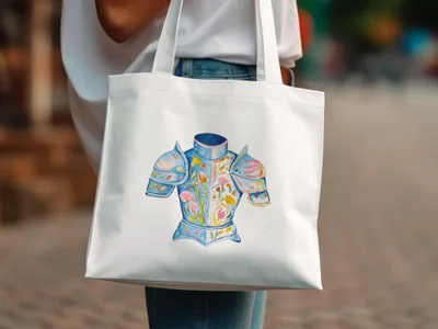 White tote bag with watercolor knight's armor design featuring floral accents.