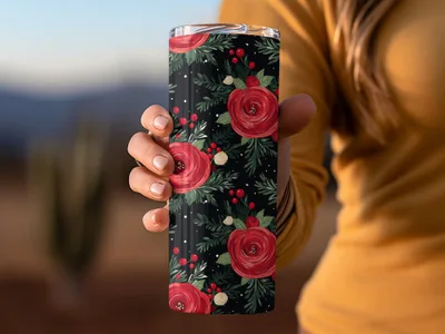 Hand holding a tumbler with Floral Arrangement on Black Background Artful Design featuring red flowers and green leaves.