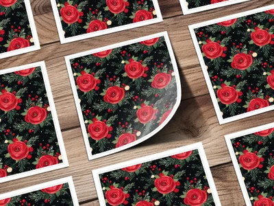 Floral Arrangement on Black Background Artful Design featuring red roses and green foliage on black with white border prints on wood surface