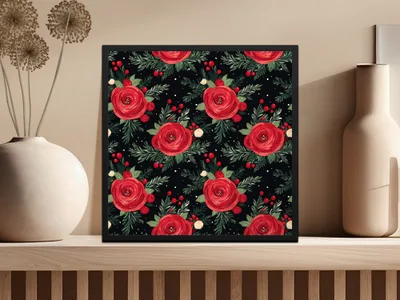 Floral Arrangement on Black Background Artful Design featuring red roses and green leaves in a decorative pattern