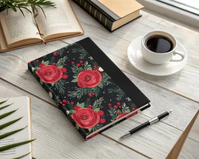 Floral Arrangement on Black Background Artful Design notebook with red flowers, green leaves, open books, and a cup of coffee on a wooden table