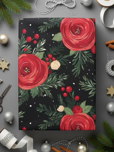 Floral Arrangement on Black Background Artful Design featuring red roses, green foliage, and red berries on black backdrop