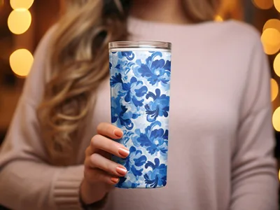 Floral Arrangement on Pattern in Blue Tones Digital - Moore and Mountain